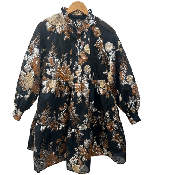 OTTOD'AME FLORAL Made in Italy METALLIC MINI DRESS Brown SIZE MEDIUM - Picture 7 of 16